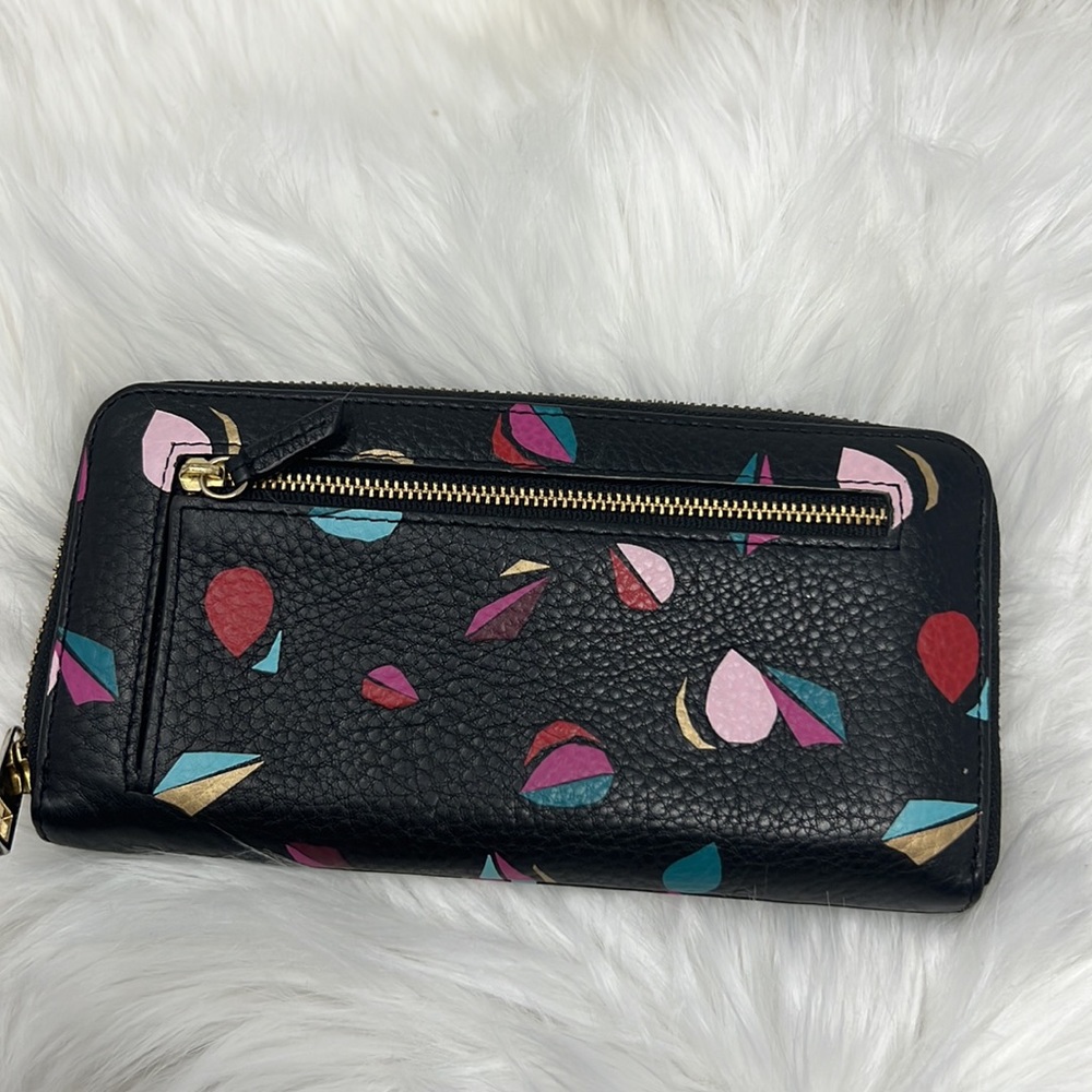 Fossil Leaf Print Wallet Black Pebbled Grain Zip Around Card Slots - Picture 3 of 8